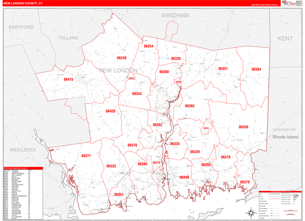 New London County, CT Zip Code Wall Map